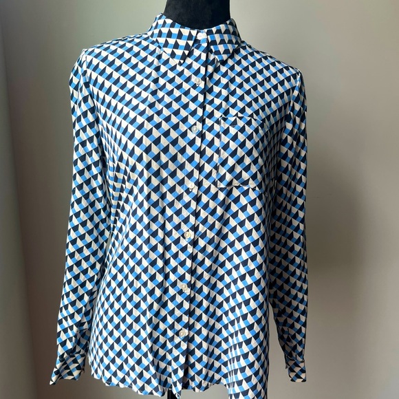 Women’s Geometric Blue and White Button-Up Silk Dress Shirt - Picture 1 of 13